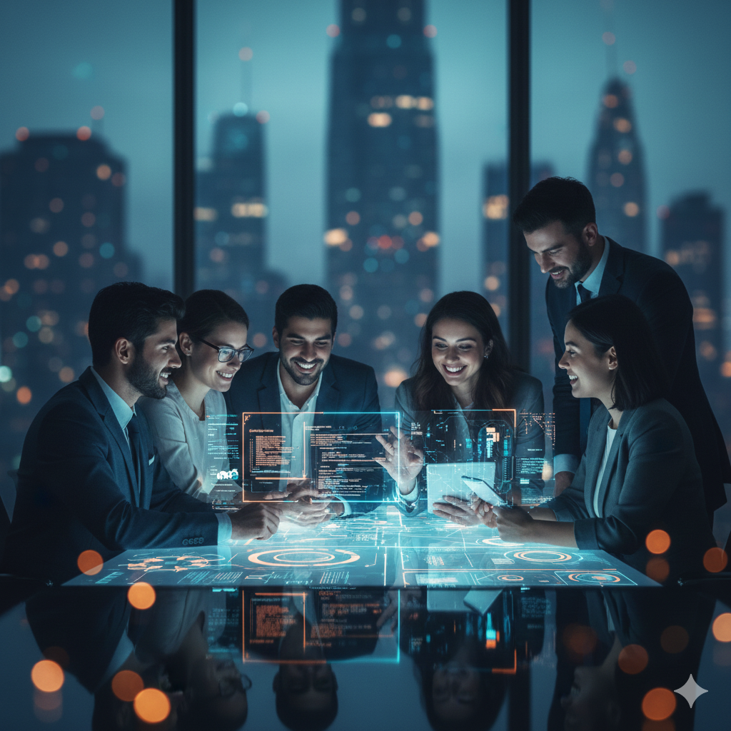 Professional team collaborating on technology